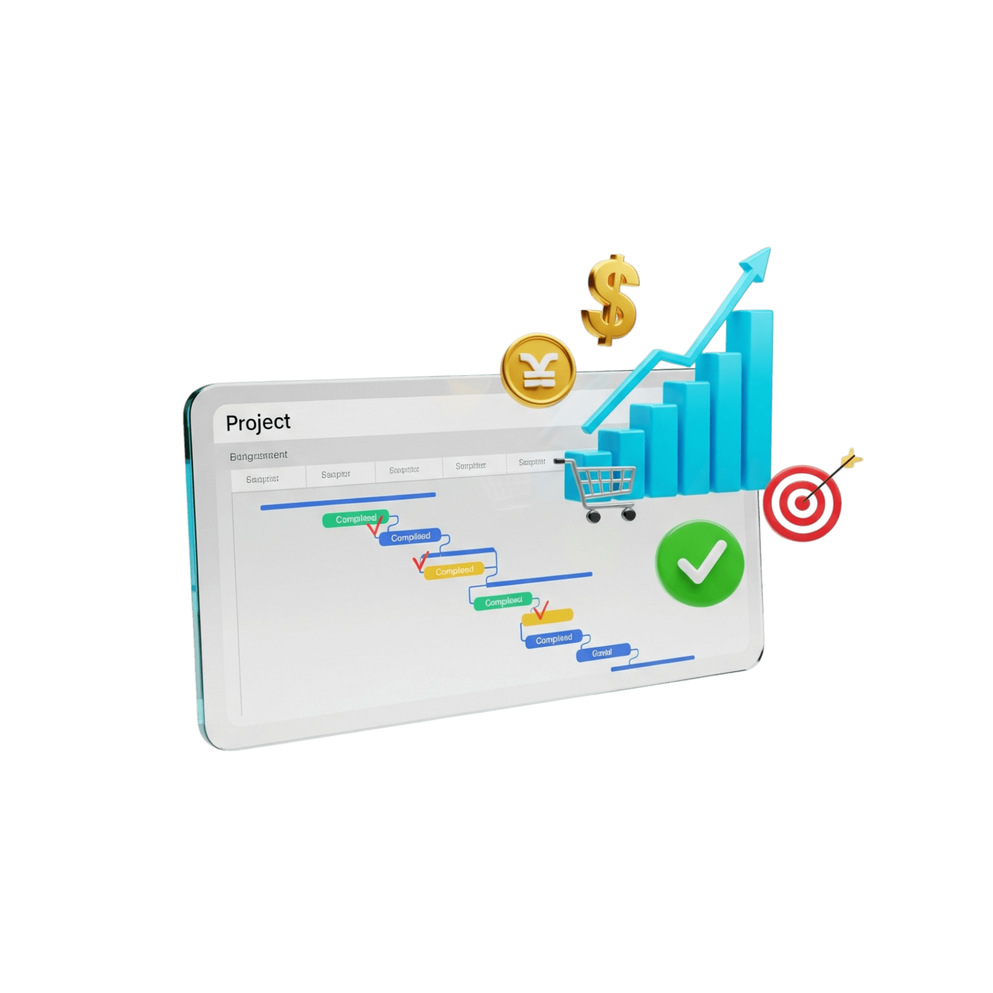 Ilustración de un plan de proyecto en una tablet que muestra los resultados de una consultoría en procesos, logrando crecimiento en ventas, rentabilidad y cumplimiento de objetivos para pymes