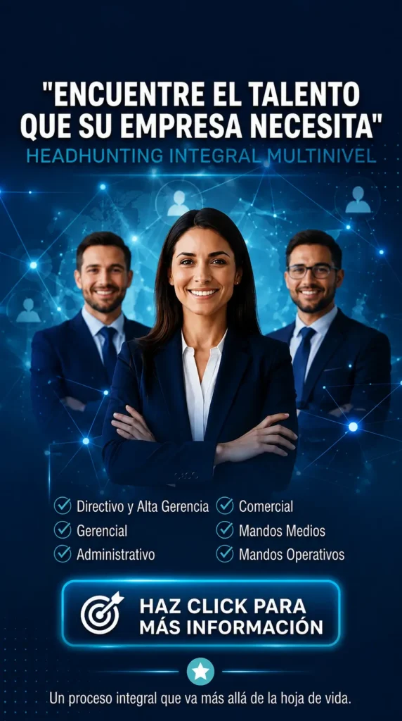 Headhunting y selección de talento para empresas, búsqueda de candidatos calificados para cargos directivos, gerenciales, comerciales y operativos mediante procesos especializados de reclutamiento.